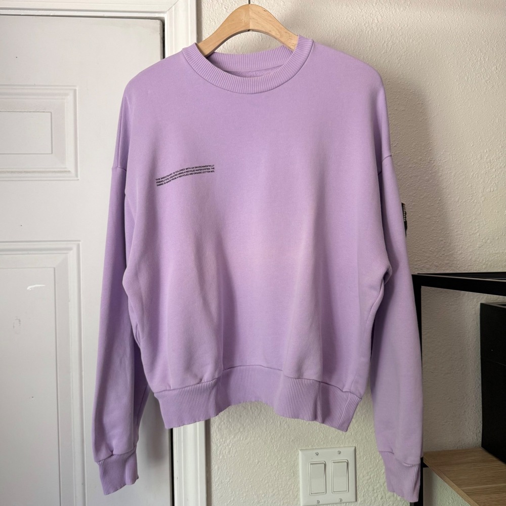 PANGAIA lavender lilac purple boxy logo text cropped crew neck pullover sweater